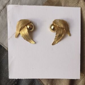 Gold Feather Ball Stud Earrings for Women